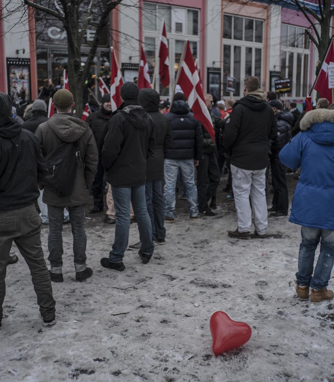 A heartshaped balloon at the Pegida demonstration in Copenhagen. The balloon was thrown in as a protest against The anti-islamic rally